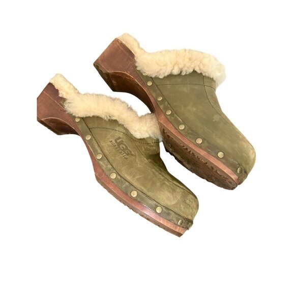Ugg Australia Womens Size 8 Shearling Clogs Olive Green Leather Fur Lined Slip-O - Picture 3 of 7
